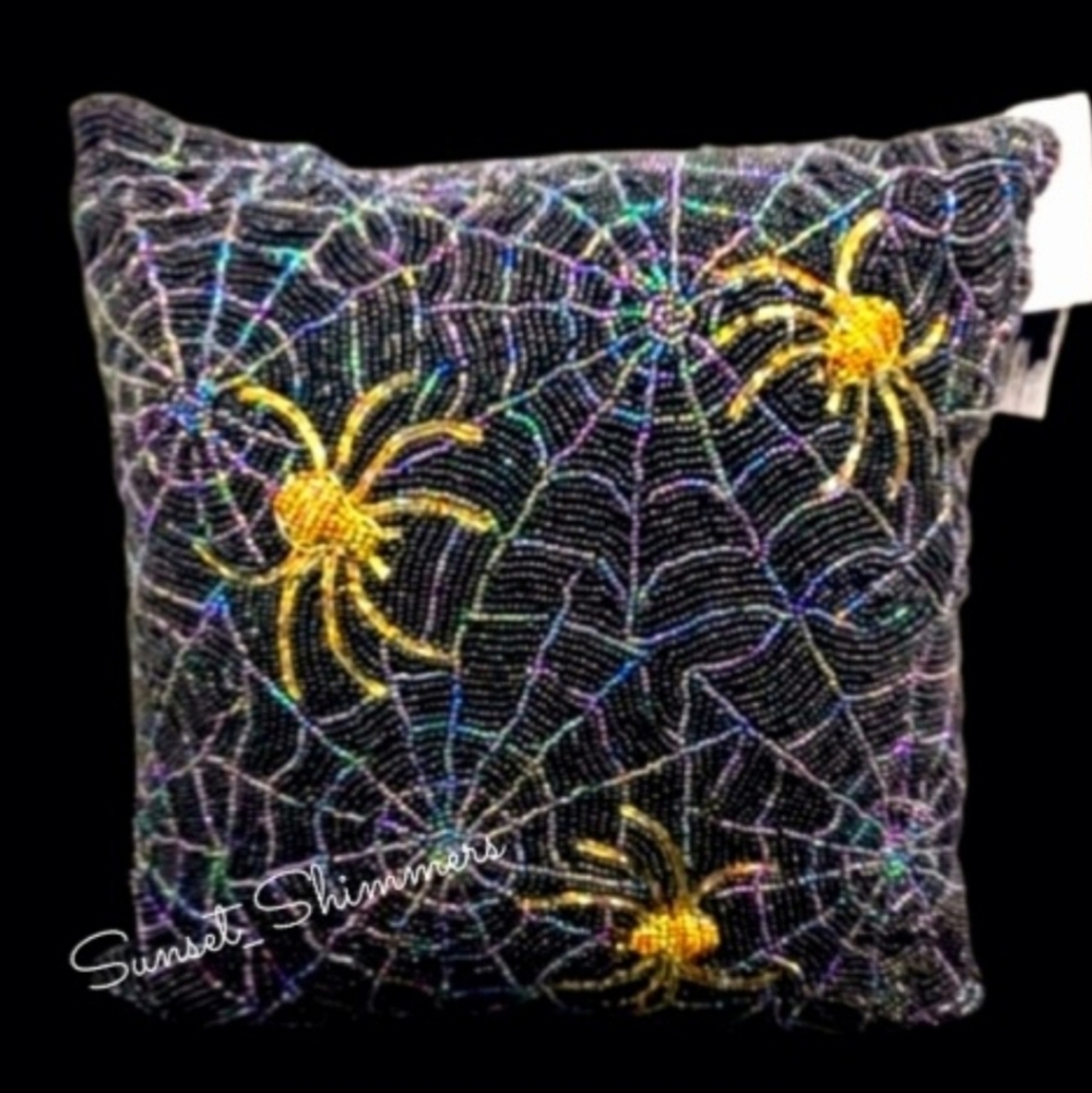 14" Halloween Sparkly Beaded Iridescent Gold Spider Web Throw Pillow Decor New